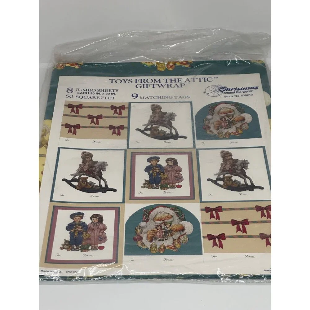 VTG Toys From The Attic Christmas Gift Wrap Lot‎ 50 Sq Ft Paper & Tags NIP